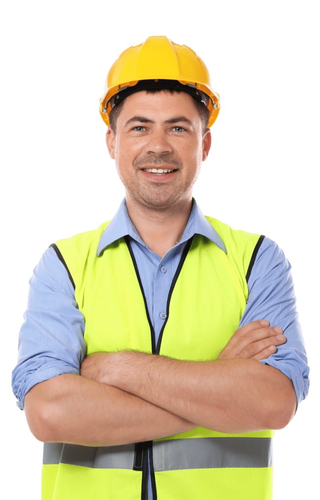 Man in a yellow safety vest and hard hat smiles confidently with arms crossed, representing construction or safety professions.